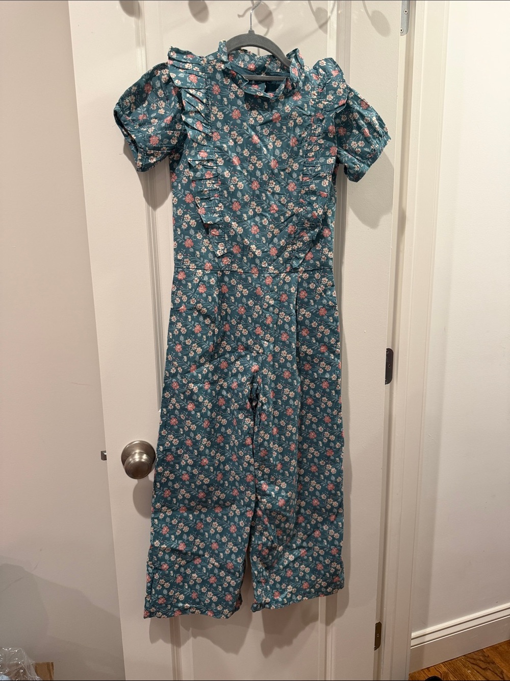 Janie and Jack Teal Floral Puff-Sleeve Jumpsuit size 8 NWT